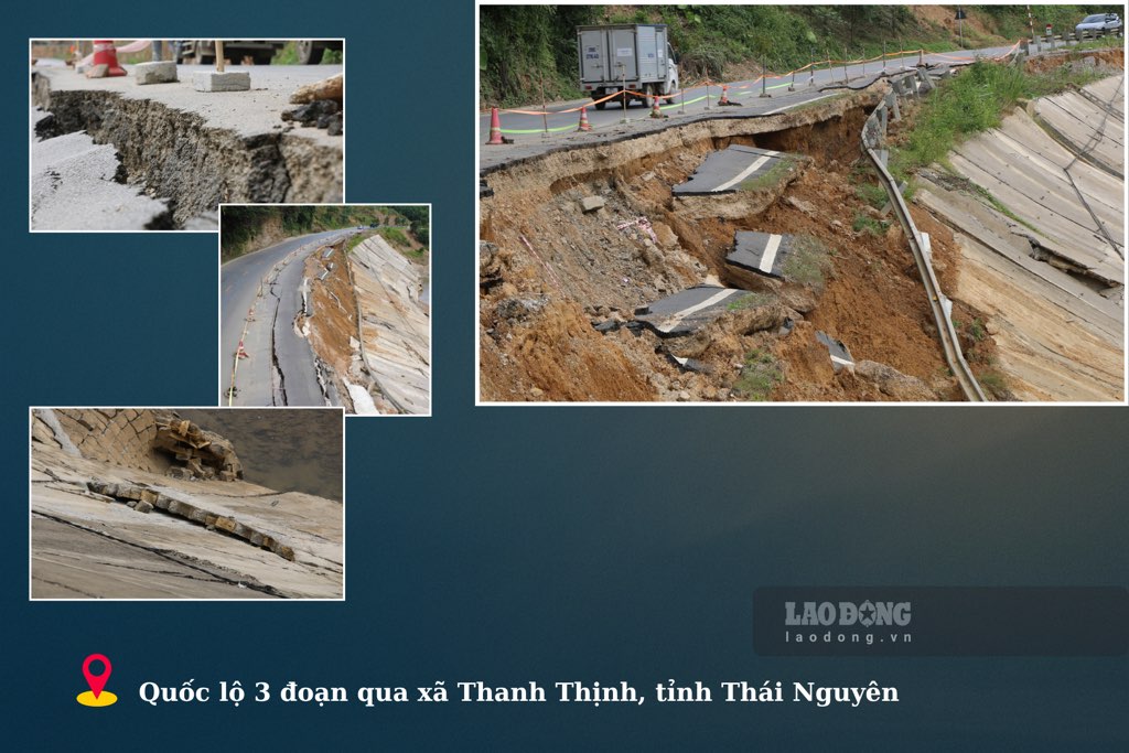 역사적인 홍수 후 Thai Nguyen - Bac Kan (구)을 연결하는 간선 도로의 제방 붕괴 현장. 사진: PV 그룹.