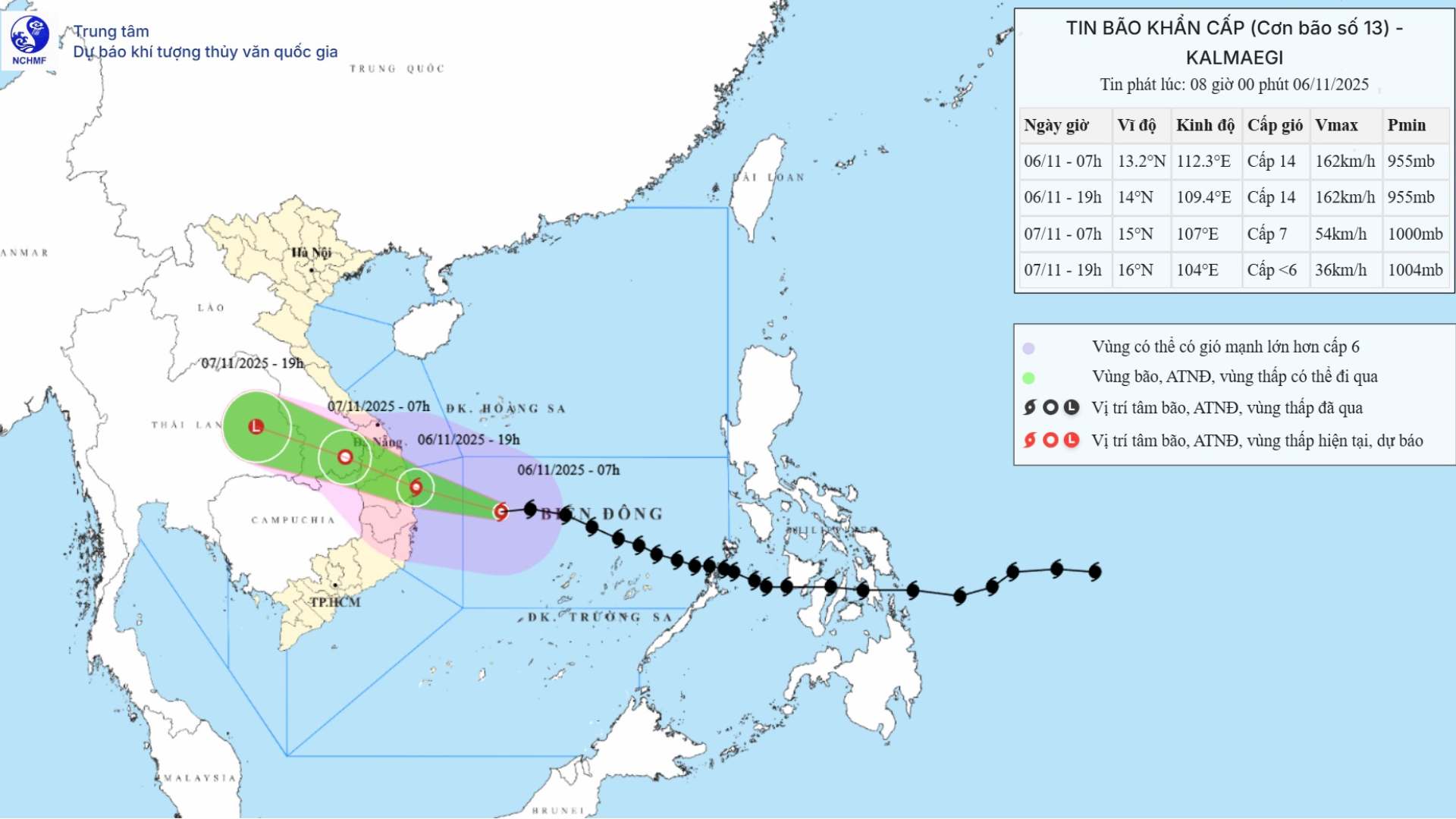 11月6日午前8時に暴風雨13号の位置と進路を更新。写真：国立水文気象予報センター