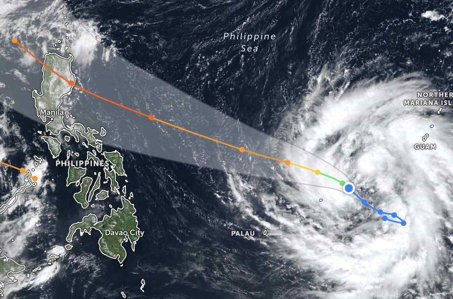 Typhoon Fung-wong is forecast to make landfall at maximum intensity. Photo: Zoom Earth