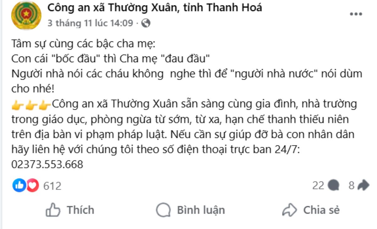 Nhung status voi noi dung gan gui, dang tren trang Cong an xa Thuong Xuan thu hut su quan tam cua nguoi dan va cong dong mang. Anh:
