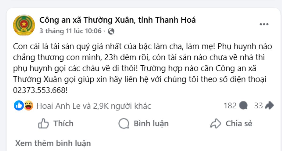 Nhung status tuyen truyen den cac hoc sinh, phu huynh cua Cong an xa Thuong Xuan, tinh Thanh Hoa thu hut hang nghin luot like, chia se. Anh: