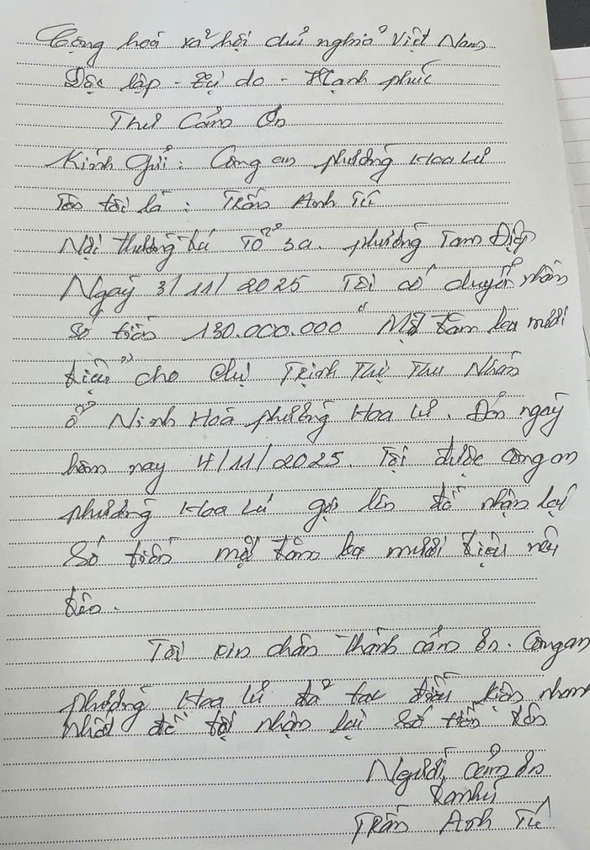 Thu cam on cua anh Tran Anh Tu gui Cong an phuong Hoa Lu. Anh: Dieu Anh