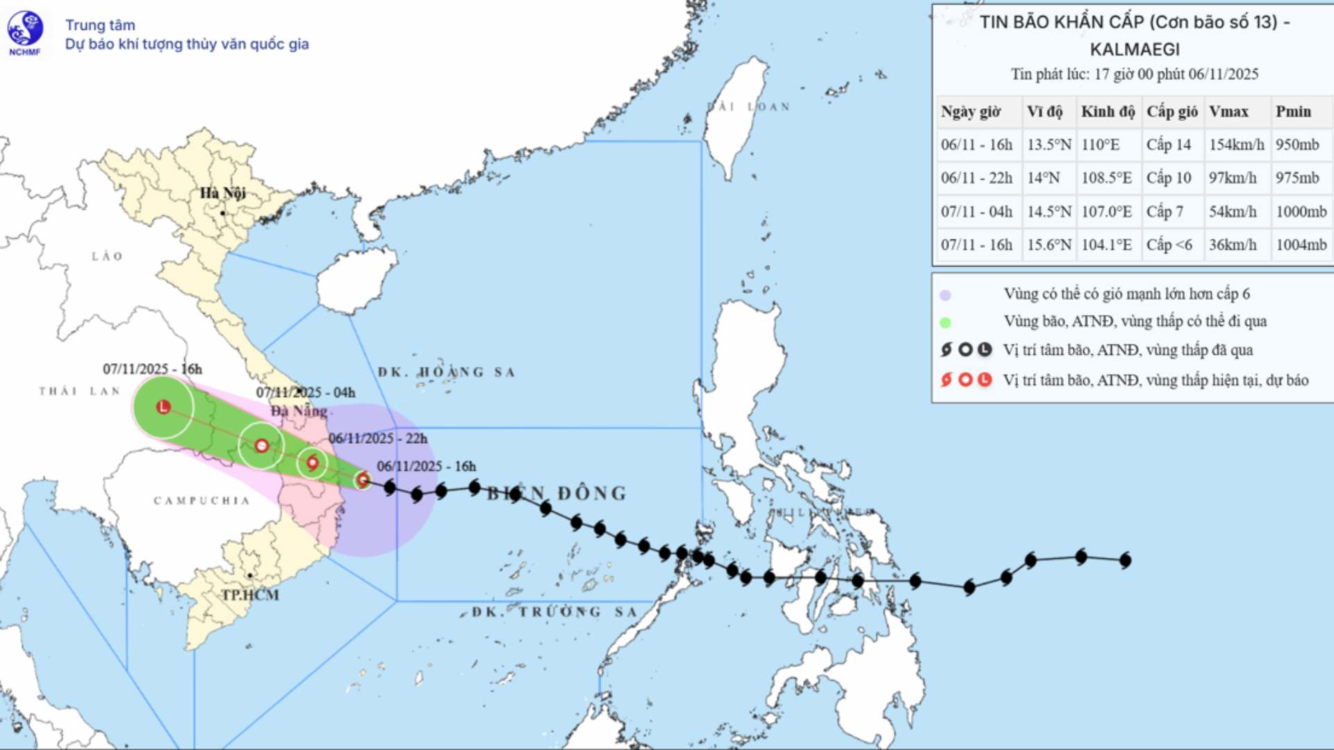 Updated location and path of storm No. 13 at 5:00 p.m. on November 6. Photo: National Center for Hydro-Meteorological Forecasting