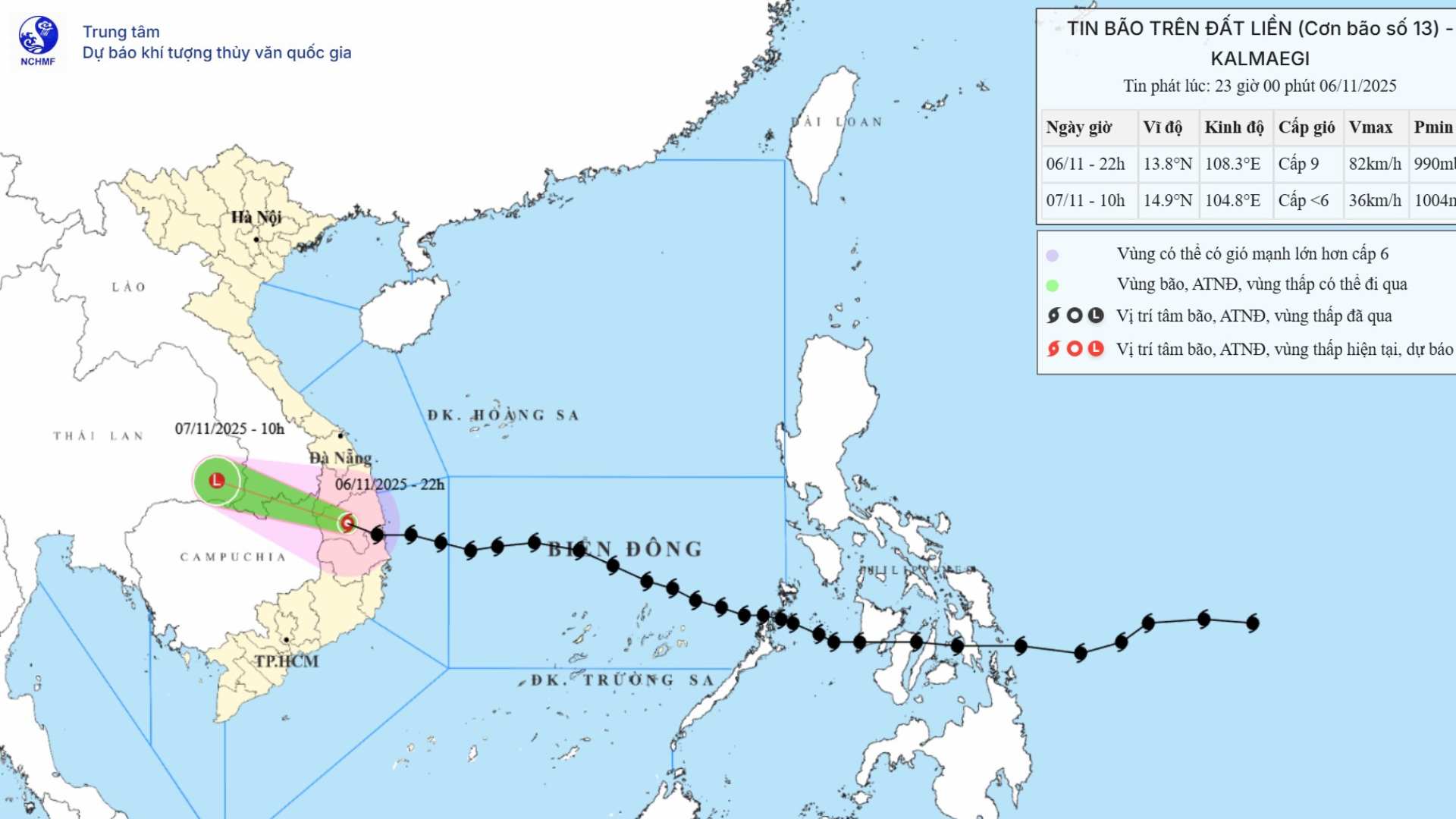 午後11時に暴風雨13号の位置と進路を更新。写真：国立水文気象予報センター