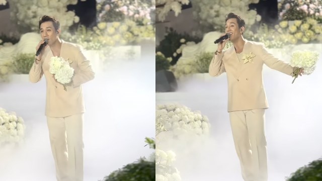 Duong Edward tung hat chuc mung trong dam cuoi cua thieu gia Tap doan Son Hai va Hoa hau Do Thi Ha toi 22.10 tai Quang Tri. Anh cat tu video