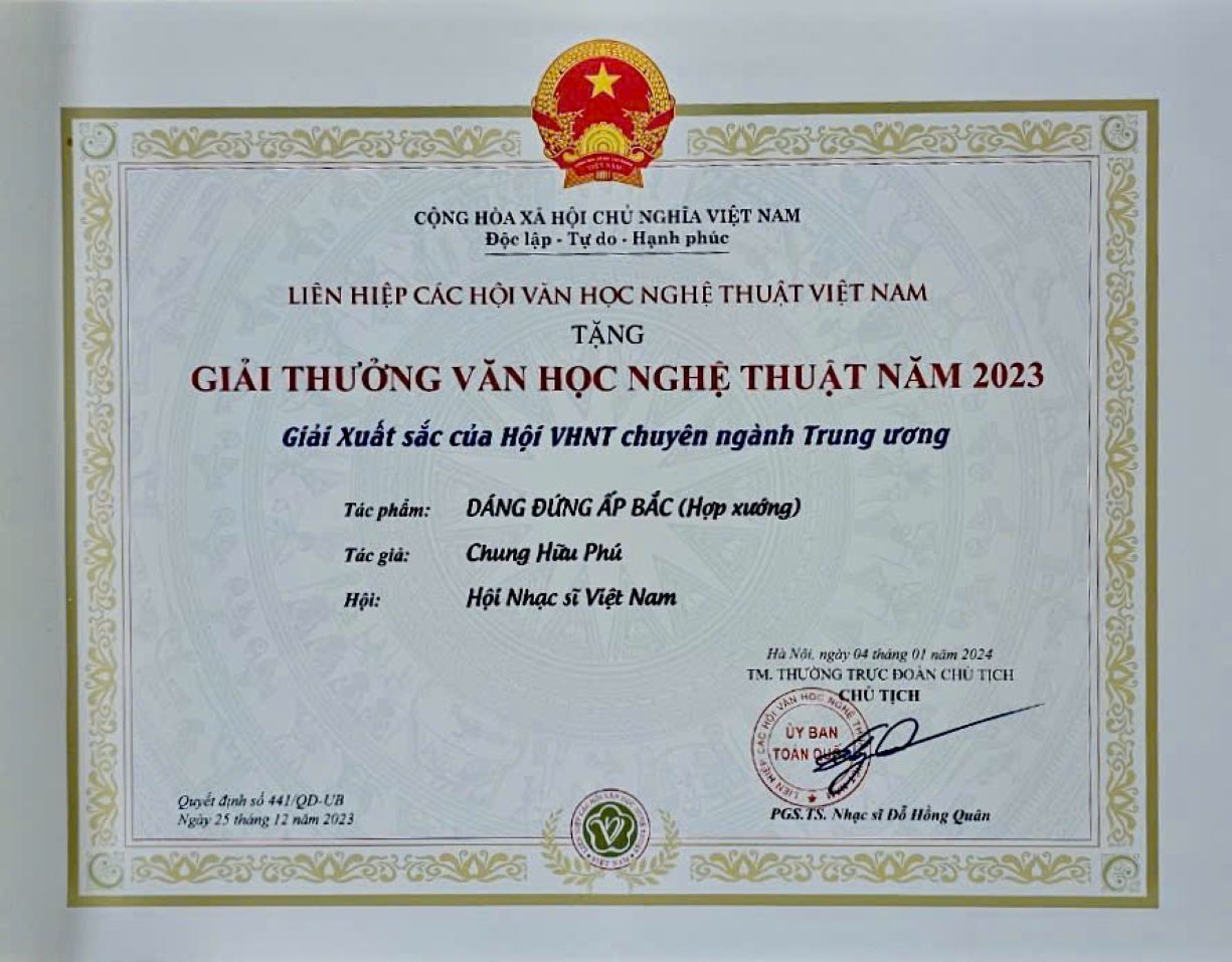 Giai thuong Van hoc nghe thuat nam 2023 cua Lien hiep cac Hoi van hoc nghe thuat Viet Nam tang cho nhac pham Dang dung Ap Bac cua nhac si Duc Phu. Anh: NVCC