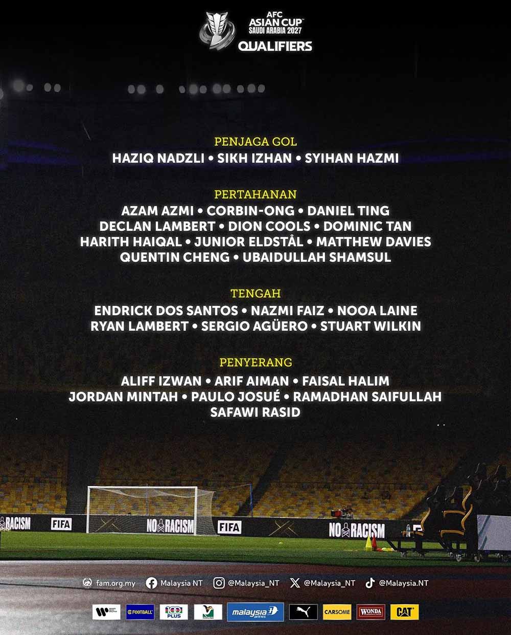 Danh sach doi tuyen Malaysia chuan bi cho tran gap Nepal. Anh: FAM