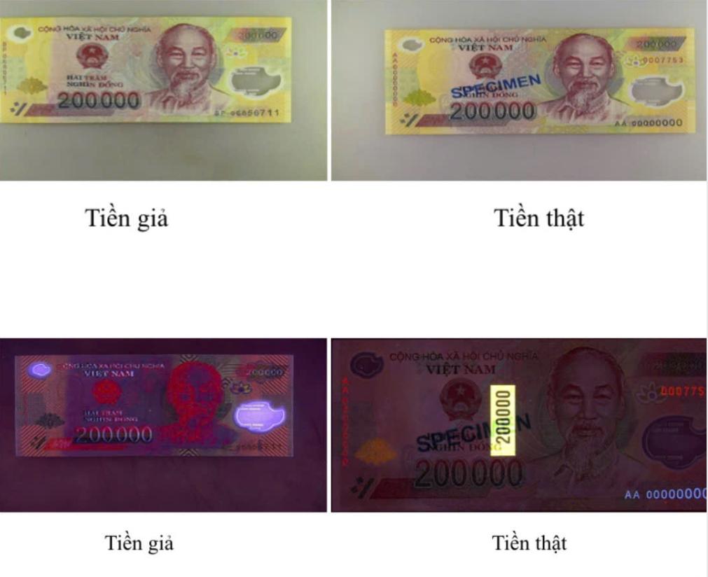 Dấu hiệu nhận biết tiền giả. Ảnh: Công an Cao Bằng