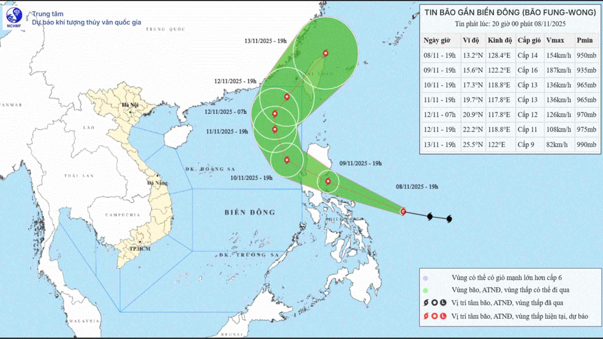 Updated location and path of storm Fung-wong at 8:00 p.m. on November 8, likely to enter the East Sea on the morning of November 10 to become storm No. 14. Photo: National Center for Hydro-Meteorological Forecasting