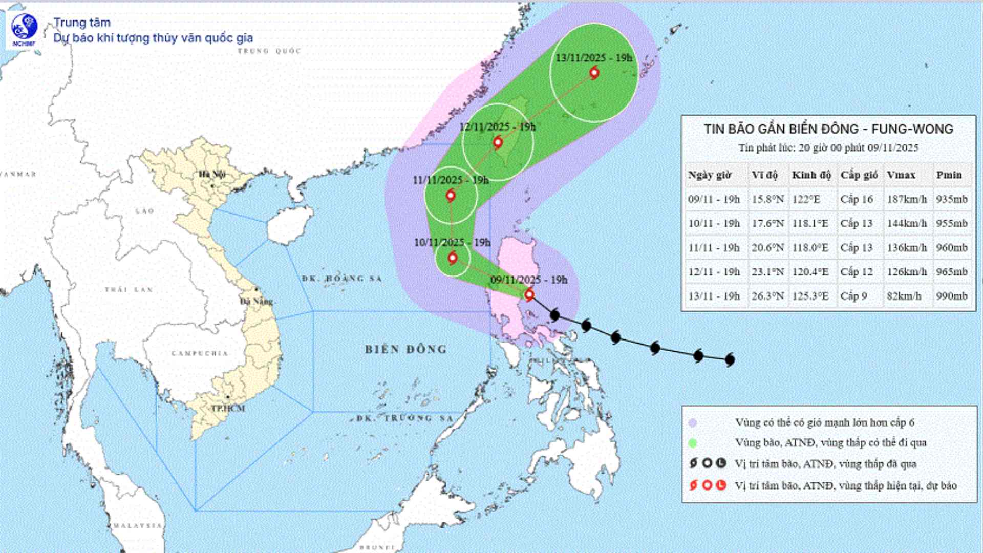 Updated location and path of storm Fung-wong at 8:00 p.m. on November 9, likely to enter the East Sea on November 10 to become storm No. 14. Photo: National Center for Hydro-Meteorological Forecasting