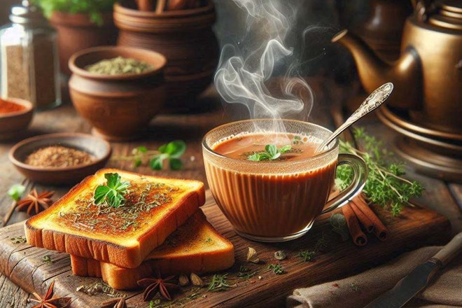 Many people drink milk tea and eat it with toast as a daily habit for breakfast. Photo - AI: Ngoc Thuy