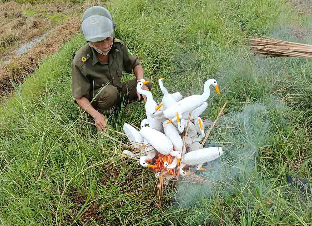 Tieu huy co gia lam bang xop de bay chim. Anh: Tran Tuan.