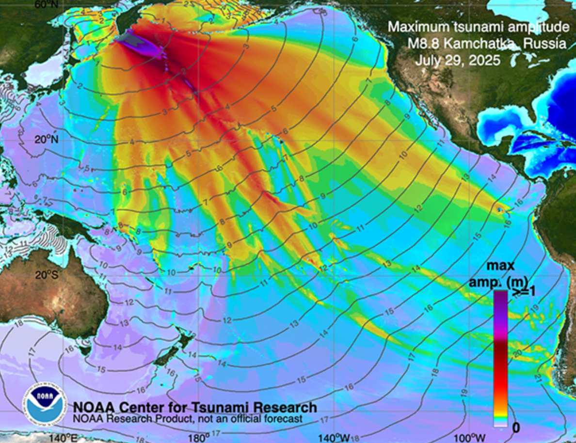The peak intensity of the Tsunami model after the 8.8 degree richter earthquake in Kuril- Kamchatka (Russia) on July 29, 2025. Photo: NOAA