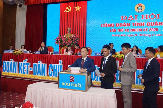 Delegates voted to elect the Executive Committee of the Quang Ninh Provincial Federation of Labor, term XV, Delegates attending the 14th Congress of the Vietnam General Confederation of Labor. Photo: Doan Hung