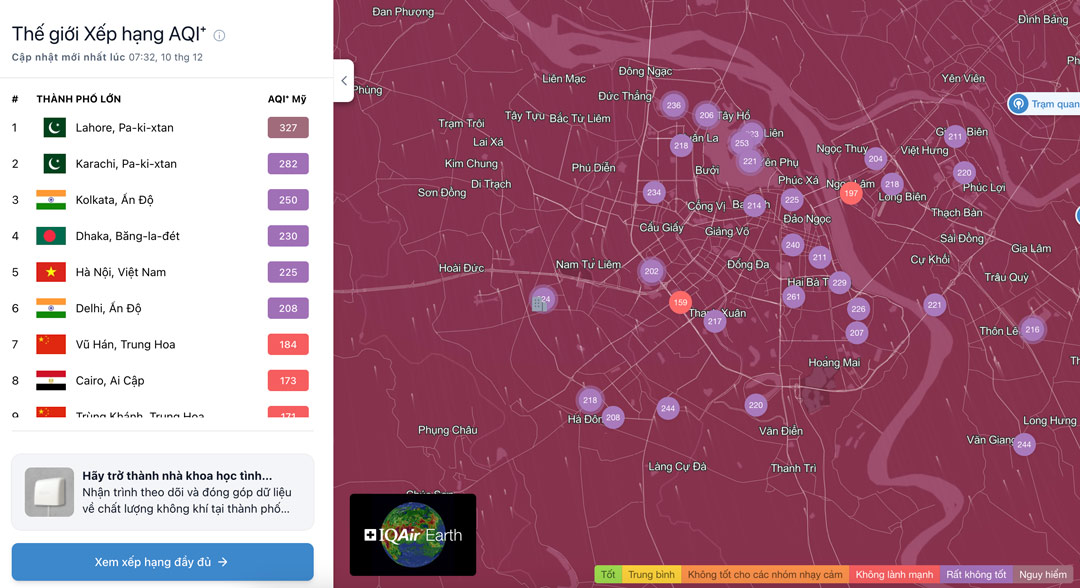 Luc 7h30 sang nay, chi so AQI nhieu khu vuc tai Ha Noi o nguong tim - rat khong tot cho suc khoe. Anh: IQAir