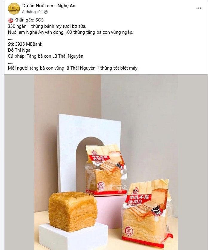 Dự án Nuôi em Nghệ An kêu gọi hỗ trợ mua 100 hộp bánh với giá 350 nghìn/hộp, dẫn tới các nhà hảo tâm nghi ngờ vì cao hơn giá thị trường. Ảnh: Ngọc Anh