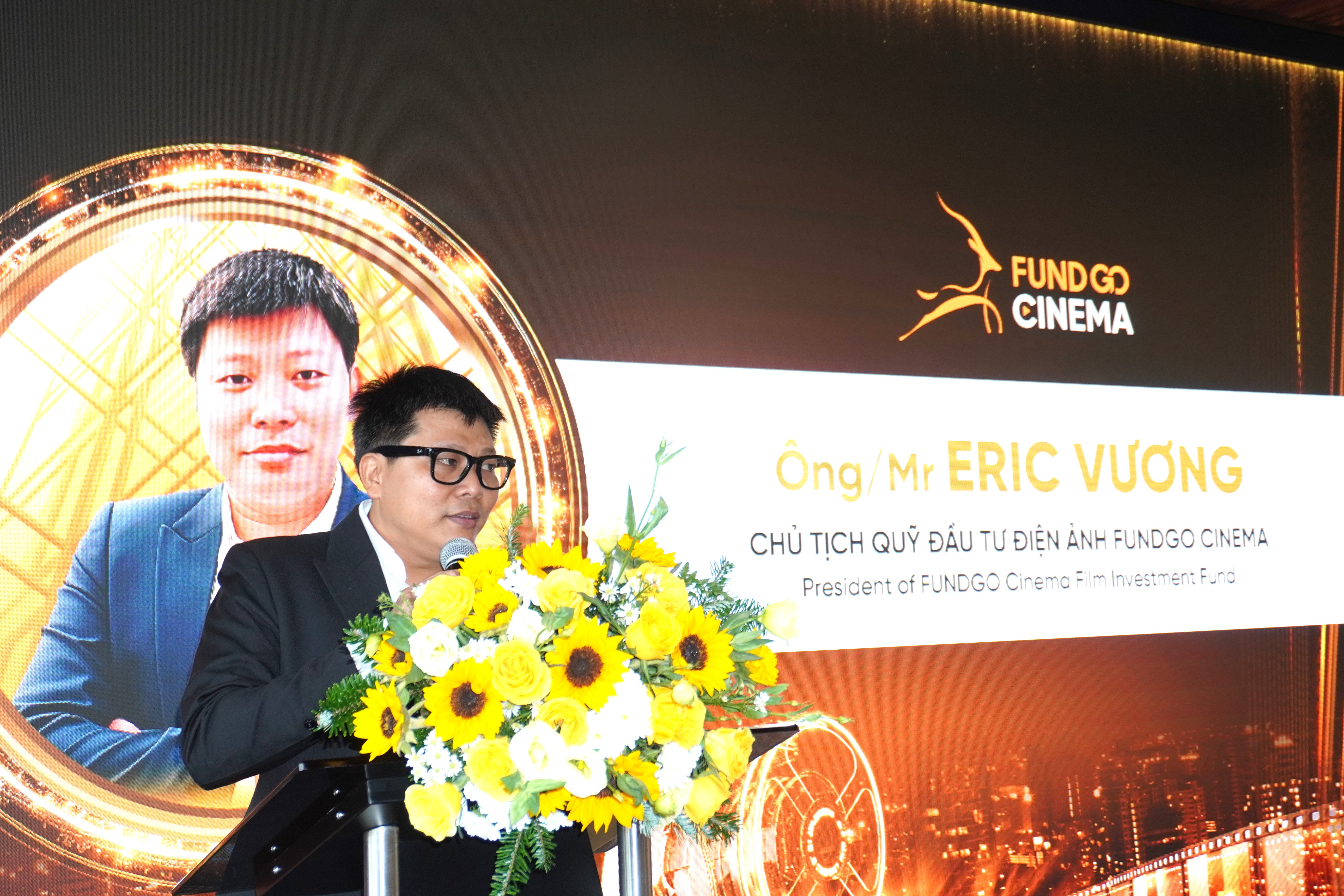 Ong Eric Vuong - Chu tich quy dau tu dien anh  Fundgo Cinema phat bieu tai buoi le. Anh: Tran Thi