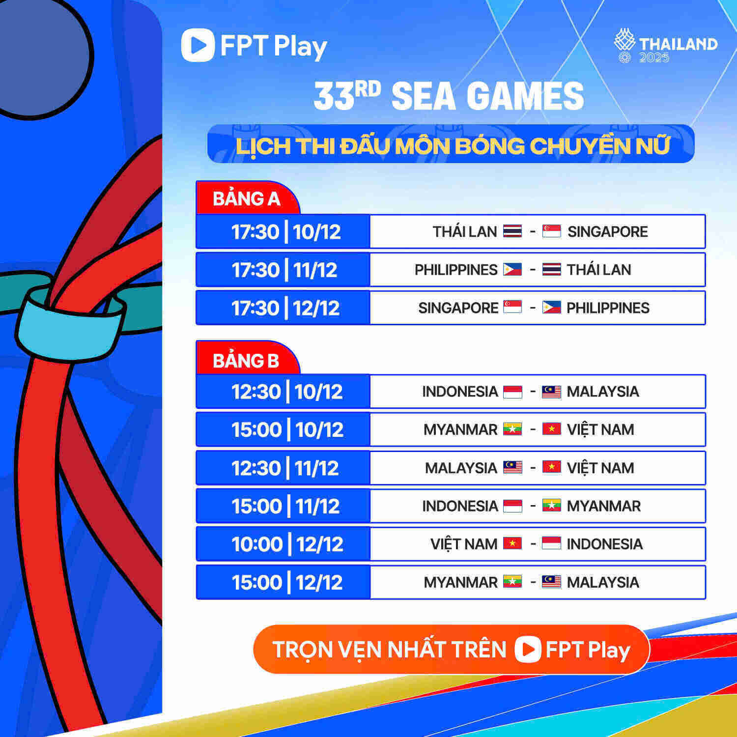 Ngay 11.12 se dien ra 3 tran dau o noi dung bong chuyen nu Sea Games 33. ANh: FPT Play