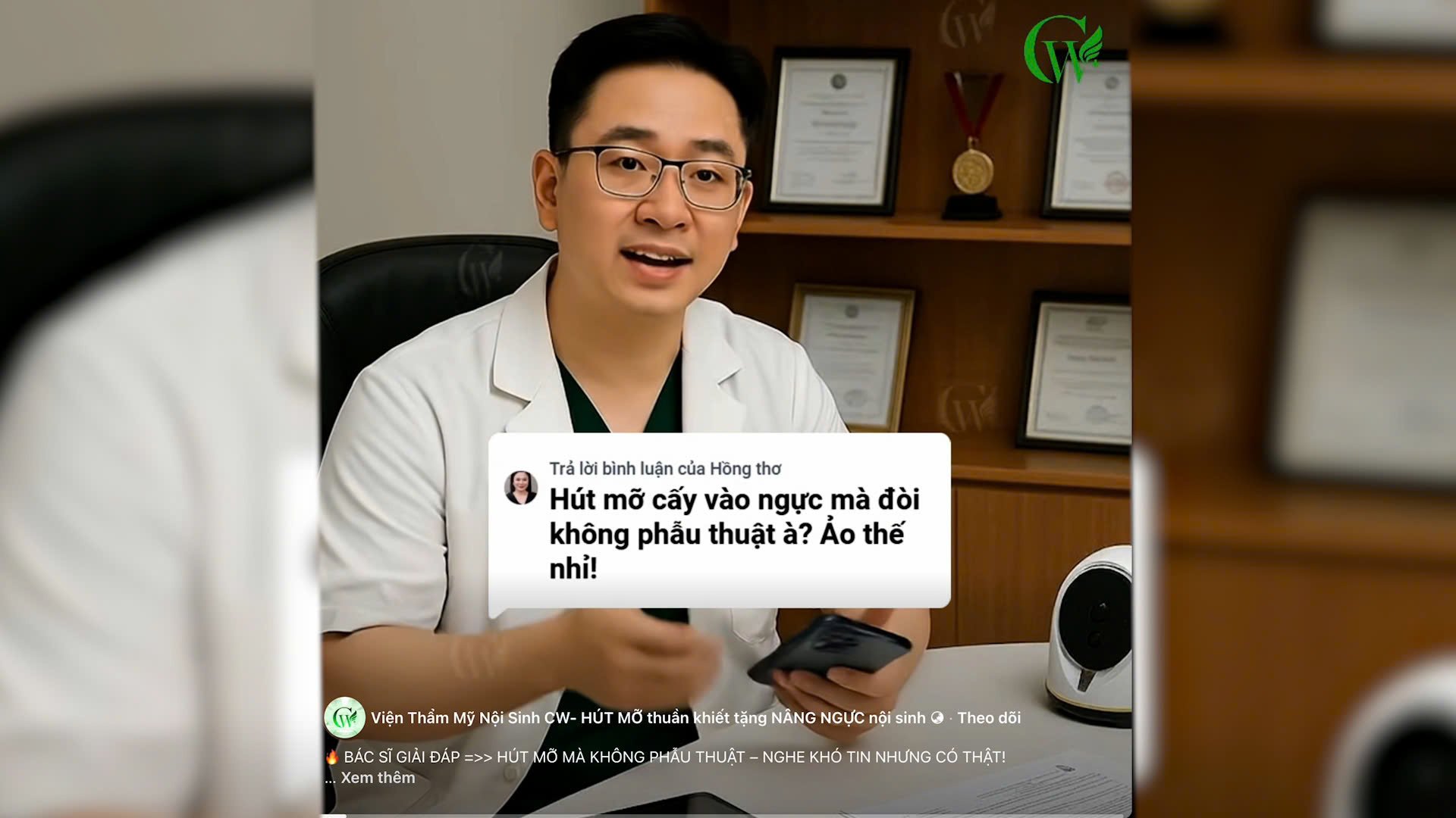 The fanpage of the CW Endocrinology Institute uses AI doctors to advertise stem cell injection services. Photo: PV