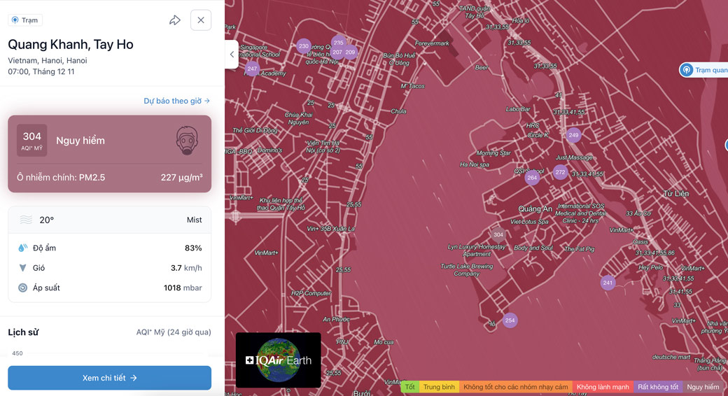 Chi so AQI luc 7h tai tram Quang Khanh o muc tim dam. Anh: IQAir