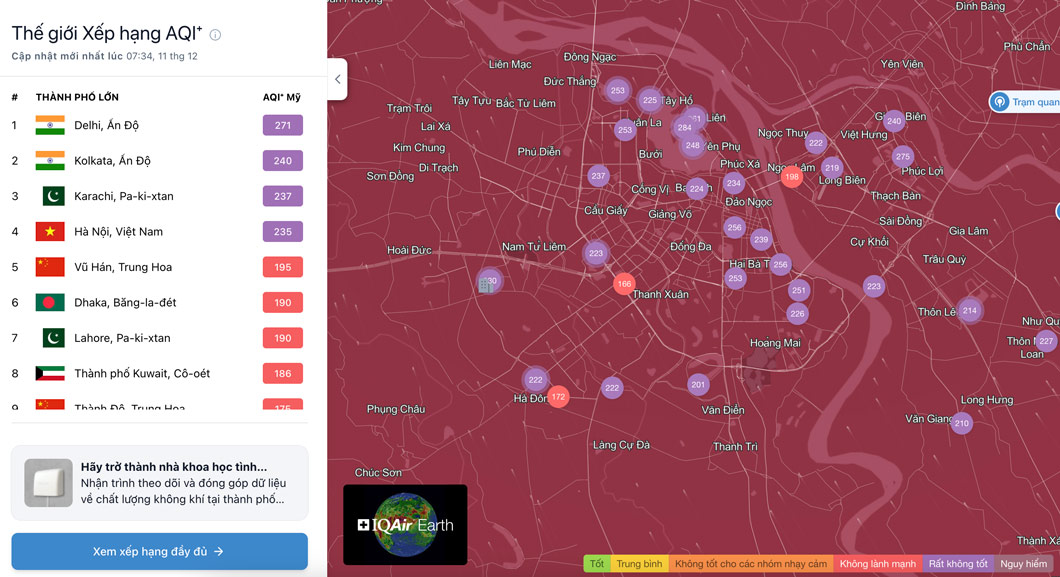 7h30 sang nay, Ha Noi o nhiem thu 4 tren the gioi, nhieu diem do AQI o nguong tim. Anh: IQAir