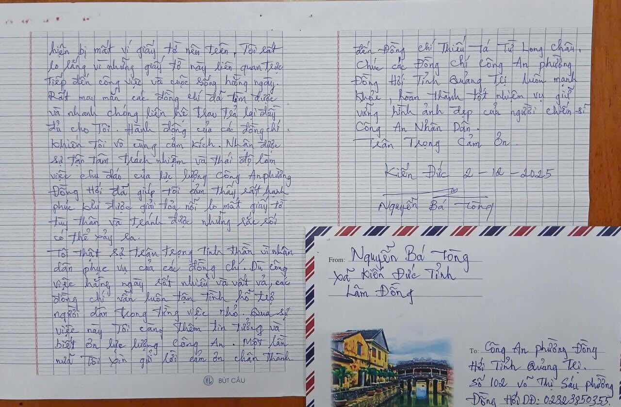 La policia del barrio de Dong Hoi recibio una carta de agradecimiento despues de encontrar a la persona que habia perdido la billetera. Foto: Policia del barrio de Dong Hoi