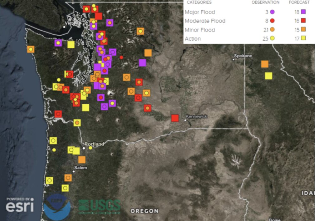 Measurement station maps show many areas in the US are expected to enter high flooding this week. Photo: US National Weather Service (NWS)