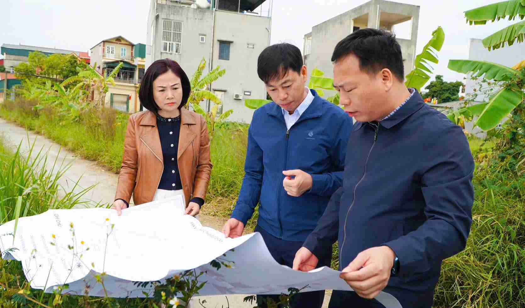 指導者らは、拡張されたダイアン工業団地のインフラ建設が予想される土地面積を調査する。写真: グエン・トゥオン