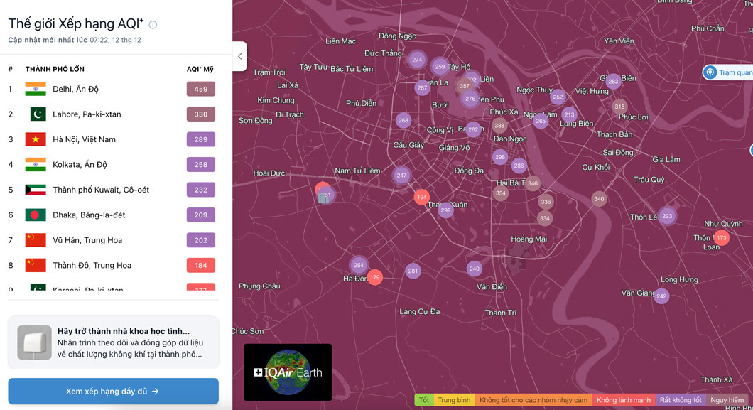 Luc 7h20 hom nay (12.12), Ha Noi la thanh pho o nhiem thu 3 tren the gioi. Anh: IQAir