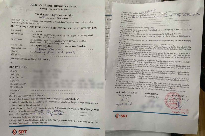 Mot hop dong dat coc, giu cho dau hieu trai quy dinh tai Du an dau tu xay dung Khu do thi moi, du lich, sinh thai, van hoa, nghi duong, vui choi giai tri tren dia ban xa Tien Du. Anh: PV