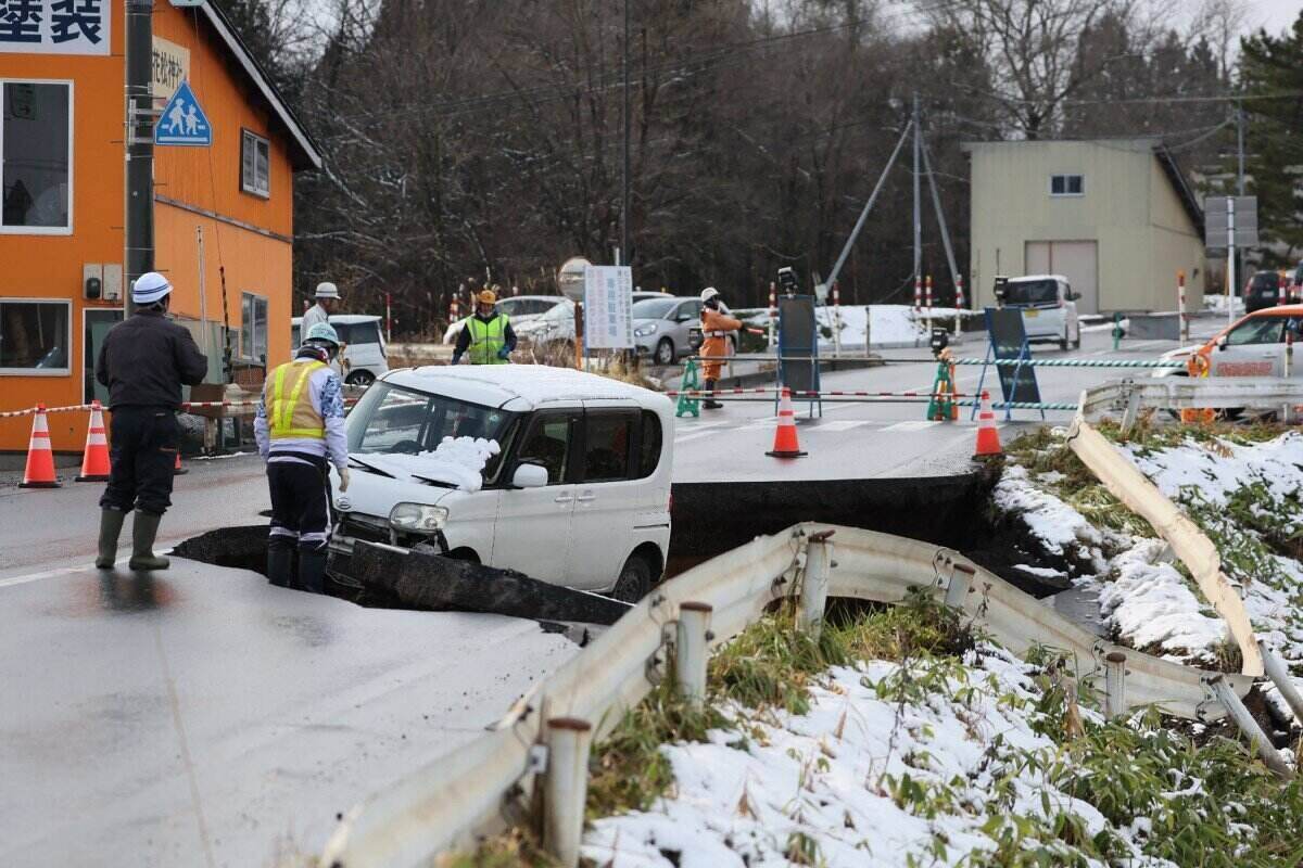 A road collapsed in Tohoku town, Aomori prefecture after a 7.5magnitude earthquake in Japan in December 2025. Photo: AFP