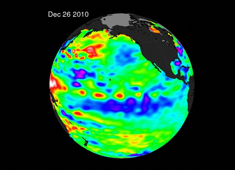 Satellite imagery shows that the La Nina phenomenon is clearly demonstrated through colder-than-normal waters (blue and purple) in the Pacific Ocean. Photo: AFP