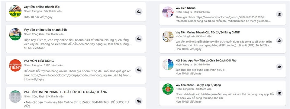Chi can tim tren facebook voi tu khoa “vay tien online“, hang tram nghin fanpage hien ra bua vay nguoi lao dong. Anh: Chup man hinh