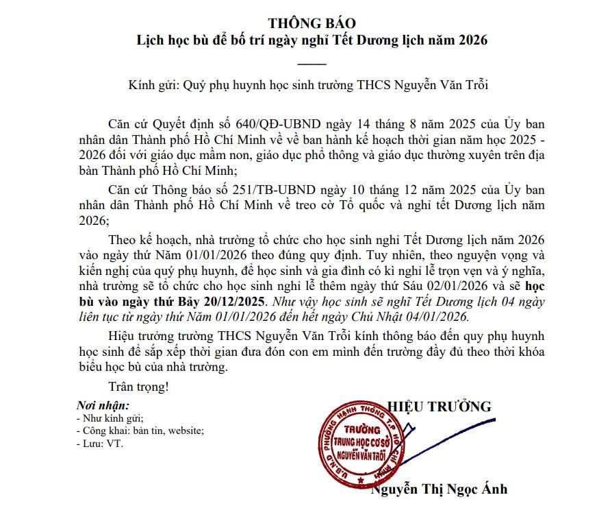 Thong bao ve lich nghi Tet Duong lich 2026 va lich hoc bu cua Truong THCS Nguyen Van Troi. Anh: Nha truong