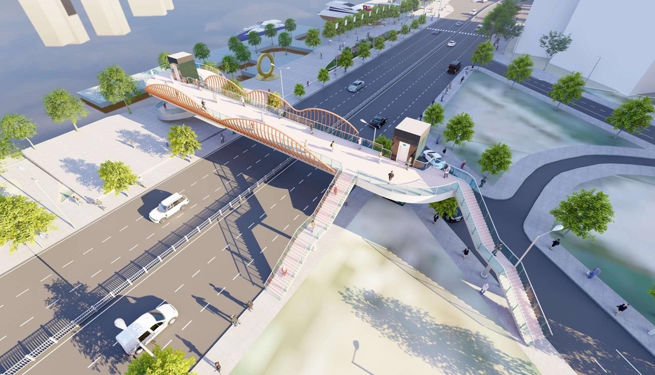 Perspective of the pedestrian bridge connecting Nguyen Hue Street with Bach Dang Wharf. Photo: Ho Chi Minh City Department of Construction