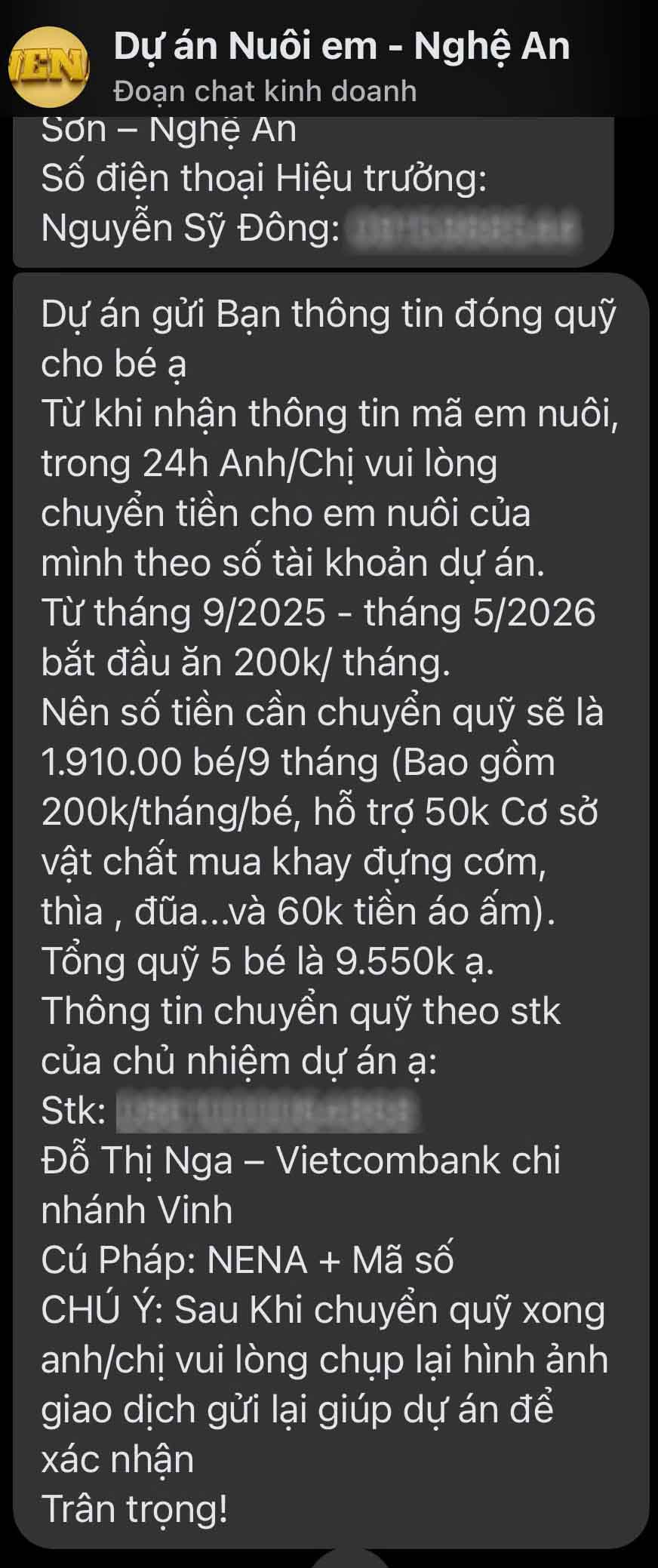 Tin nhan tu Du an Nuoi em o Nghe An thong bao va huong dan nha hao tam gui tien ho tro. Anh: Quang Dai