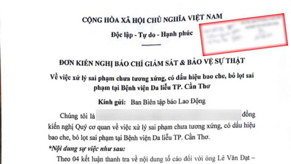 Đơn thư của bạn đọc yêu cầu xác minh thông tin tại Bệnh viện Da liễu TP Cần Thơ. Ảnh: Nhóm PV.