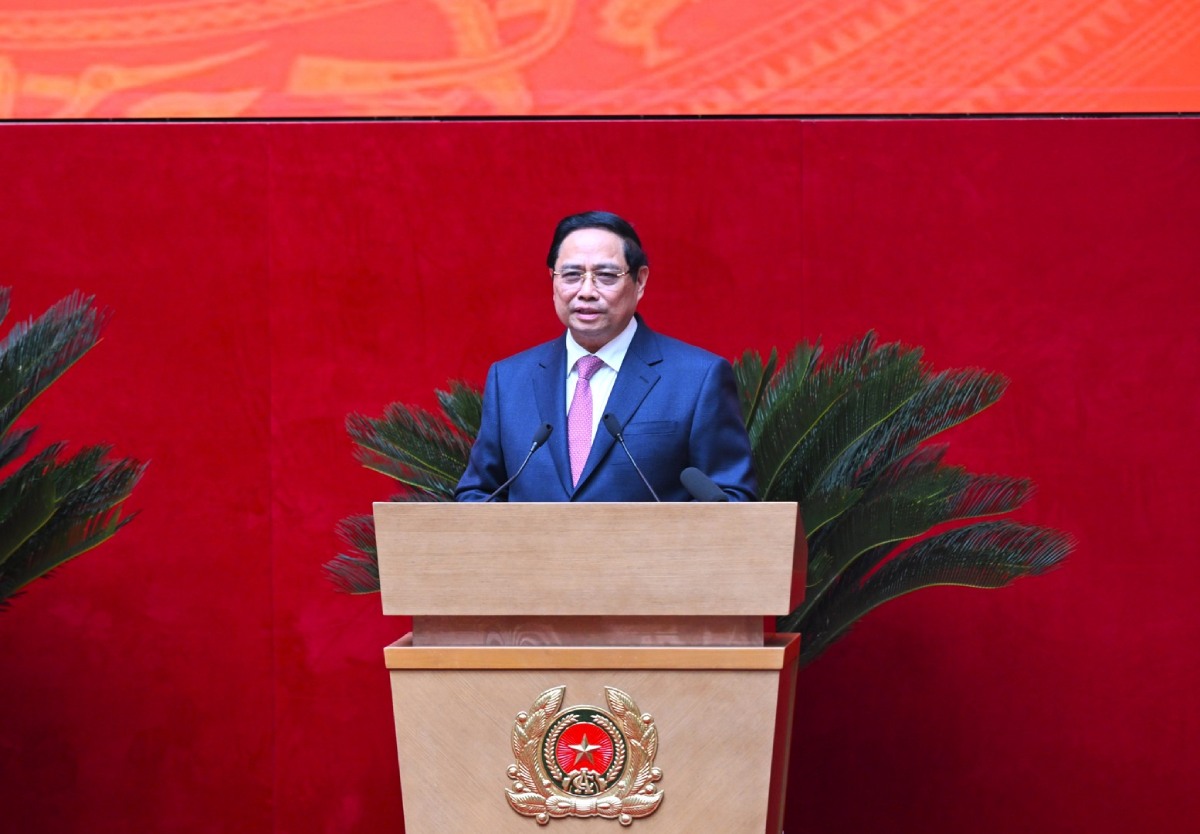 Politburo member and Prime Minister Pham Minh Chinh gave a speech at the Conference. Photo: Ministry of Public Security