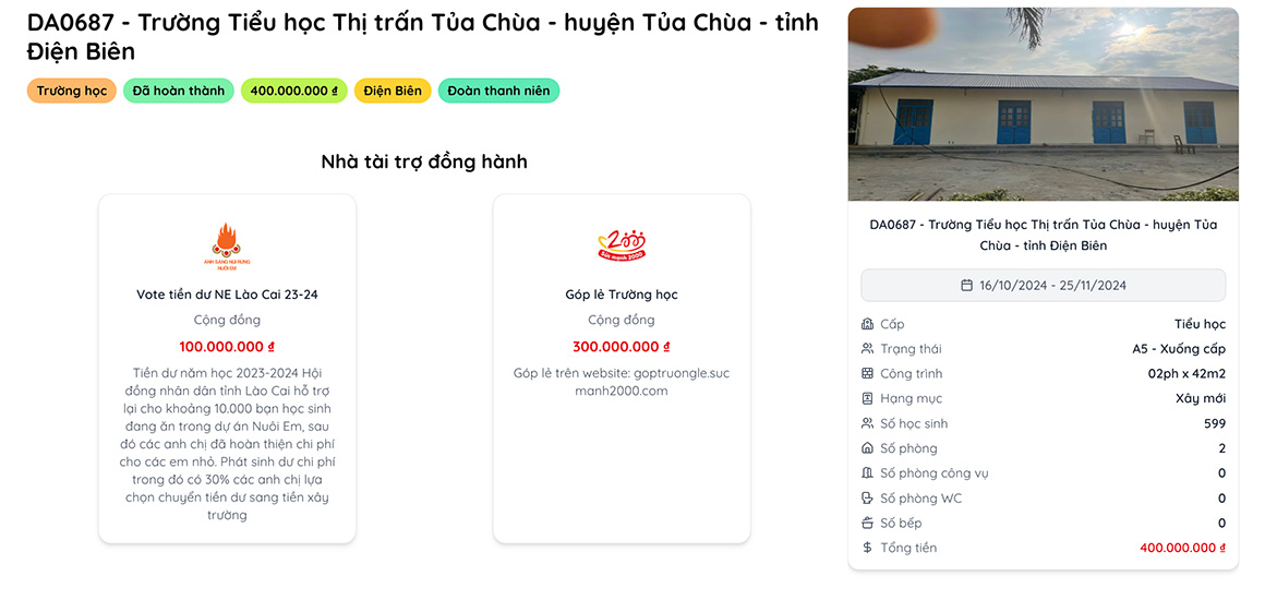 Hinh anh ve du an Truong Tieu hoc Tua Chua da hoan thanh ngay 25.11.2025 (Anh chup man hinh).