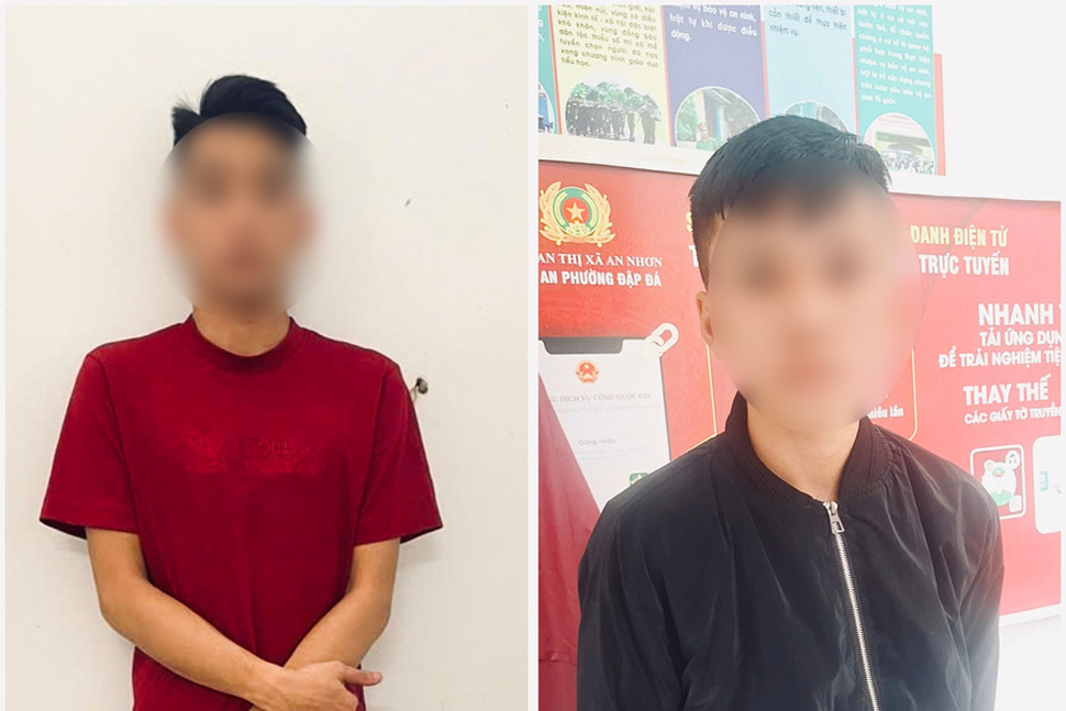 Phát (áo đỏ) và Tiến đã trộm 14 xe máy ở Gia Lai chỉ trong 1 tháng. Ảnh: Công an