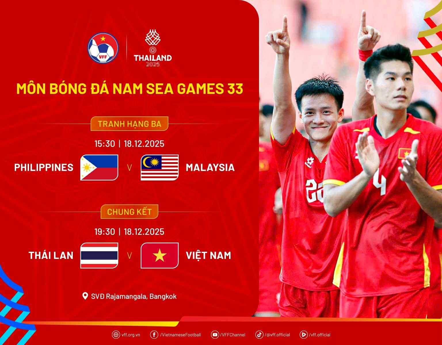 Lich thi dau chung ket va tranh hang ba mon bong da nam SEA Games 33. Anh: VFF