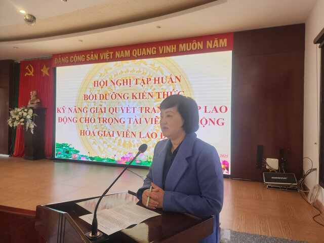 Ba Le Thi Theu - Pho Giam doc So Noi vu tinh Lam Dong phat bieu khai mac lop tap huan nghiep vu trong tai vien, hoa giai vien lao dong. Anh: Duc Lam