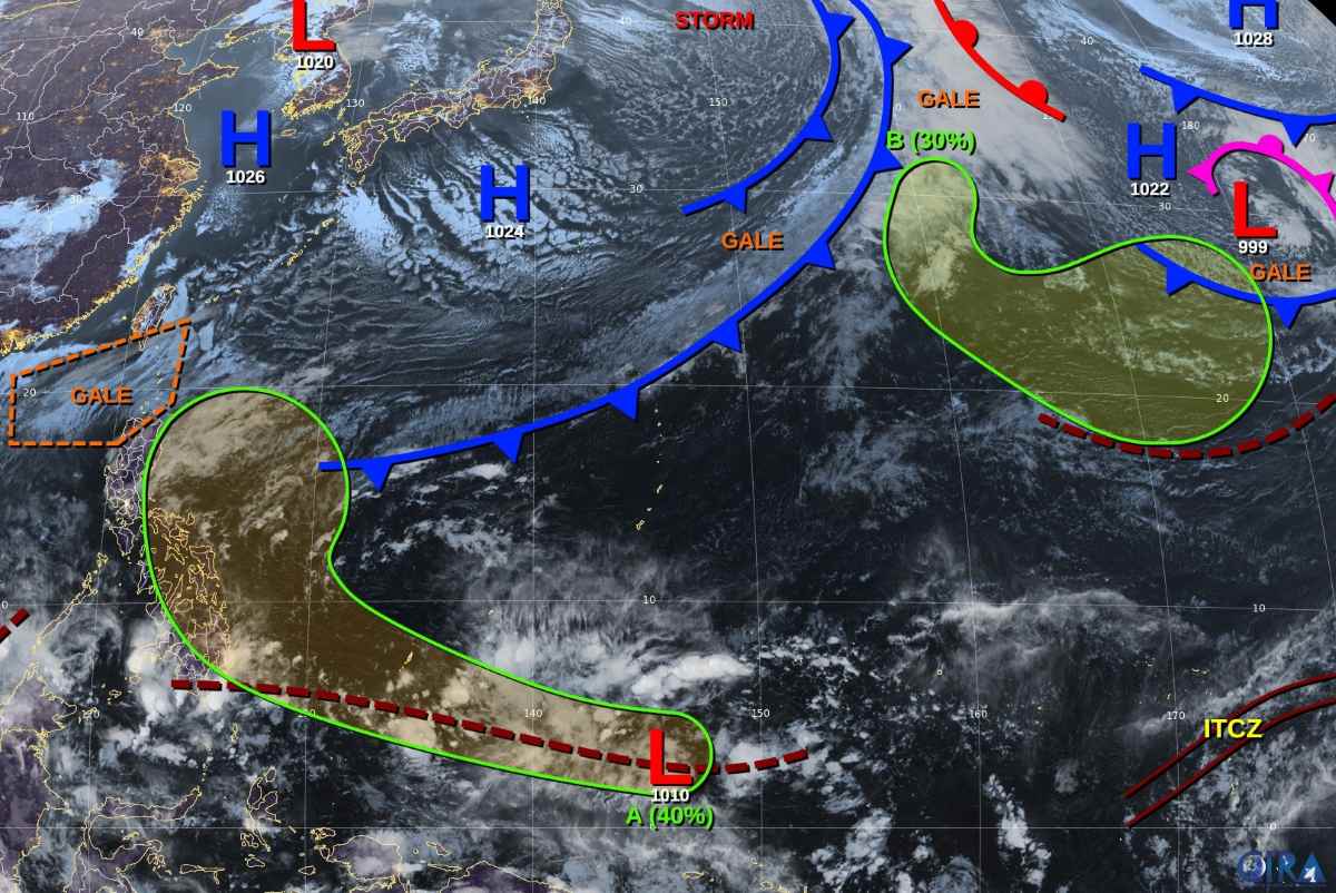 On December 17, District A in the southeast of Yap has a 40% chance of strengthening into a low pressure or storm. Photo: CIRA/NOAA