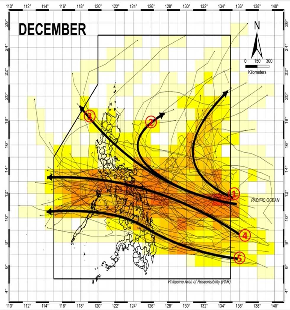 Duong di thong thuong cua cac con bao/ap thap trong thang 12 o Philippines. Anh: PAGASA