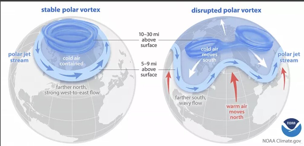 Simulating the changes of the cucary system: The left side is a stable state, the right side is when the cucary system is deformed, causing a record cold spell. Photo: NOAA