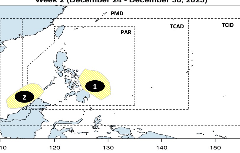 2 low pressure areas around the East Sea are forecast to appear in the coming days. Photo: PAGASA
