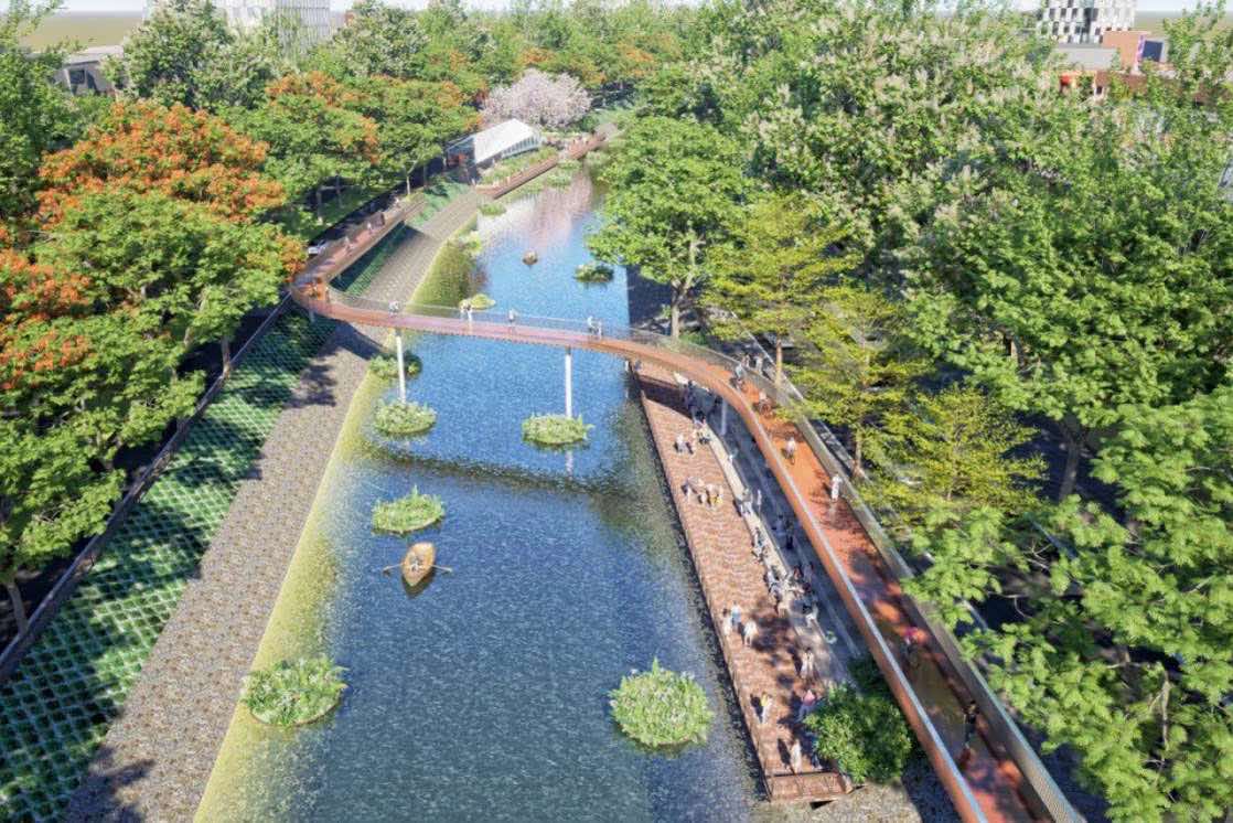 Perspective of the park project along the To Lich River. Photo: Design Unit