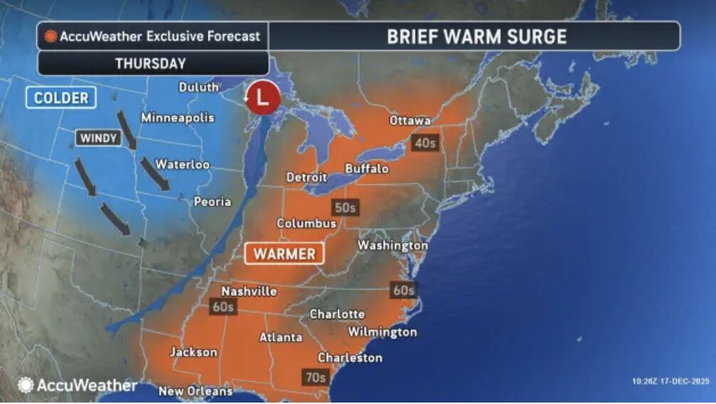 Map simulates a short-term warm front covering the eastern and midwestern United States on December 18, pushing temperatures up before the storm makes landfall. Photo: AccuWeather