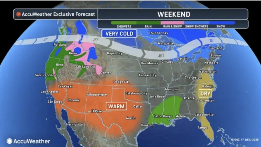 So do thoi tiet cuoi tuan cho thay luong khong khi rat lanh (Very Cold) se tran xuong phia Bac gay mua tuyet, doi lap hoan toan voi khoi khi am o phia Nam. Anh: AccuWeather
