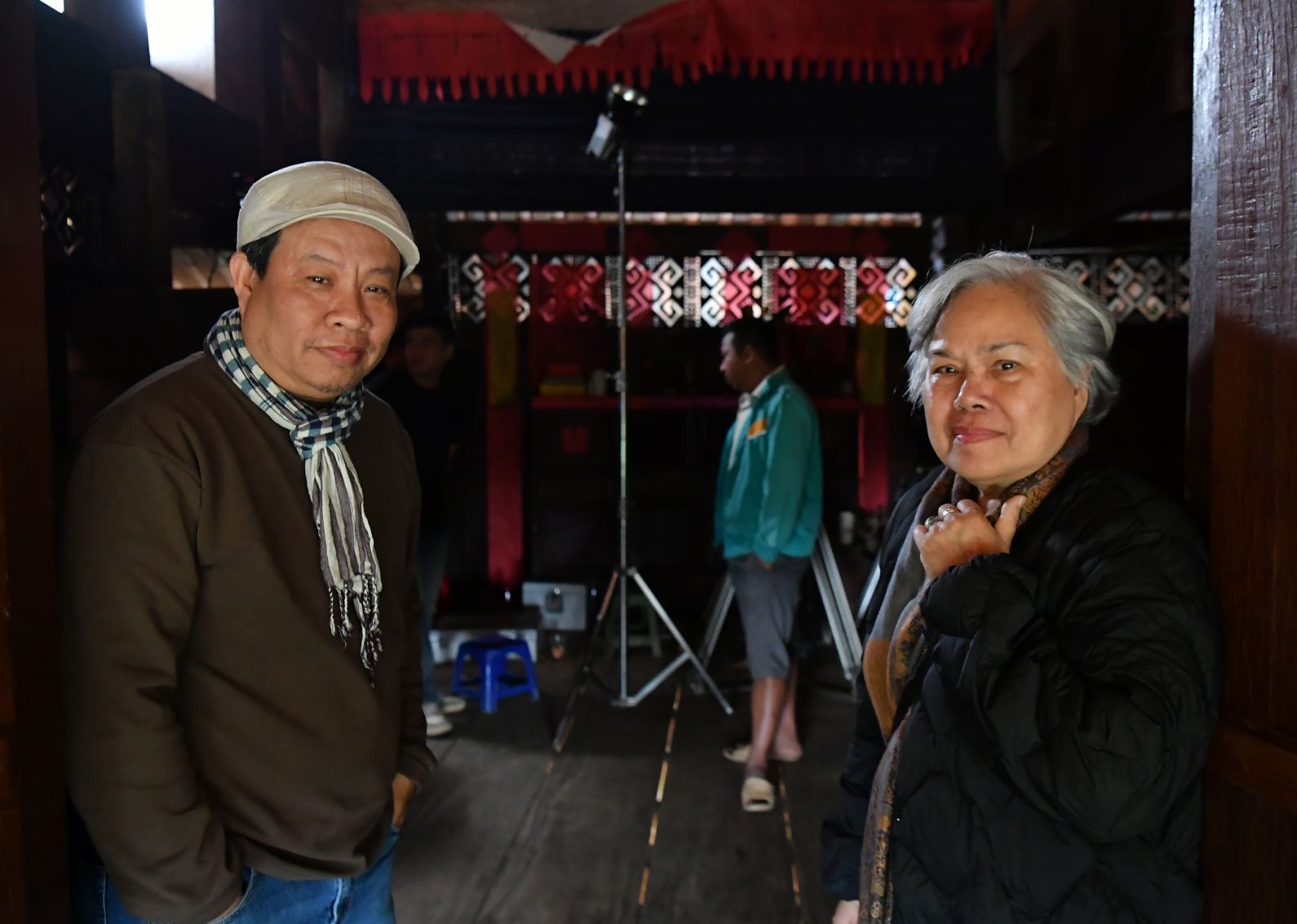 Director Tran Chi Thanh and screenwriter Trinh Thanh Nha at the filming location at the Vietnam Ethnic Culture Village. Photo: Viet Van